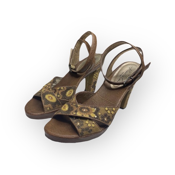 Kenneth Cole ❁ Afterflower Ankle Strap Embroidered Leather Heels ❁ Brown ❁ 9M ❁ - Picture 7 of 16